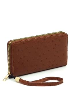 Ostrich Zip Around Wallet Wristlet OR020 BROWN
